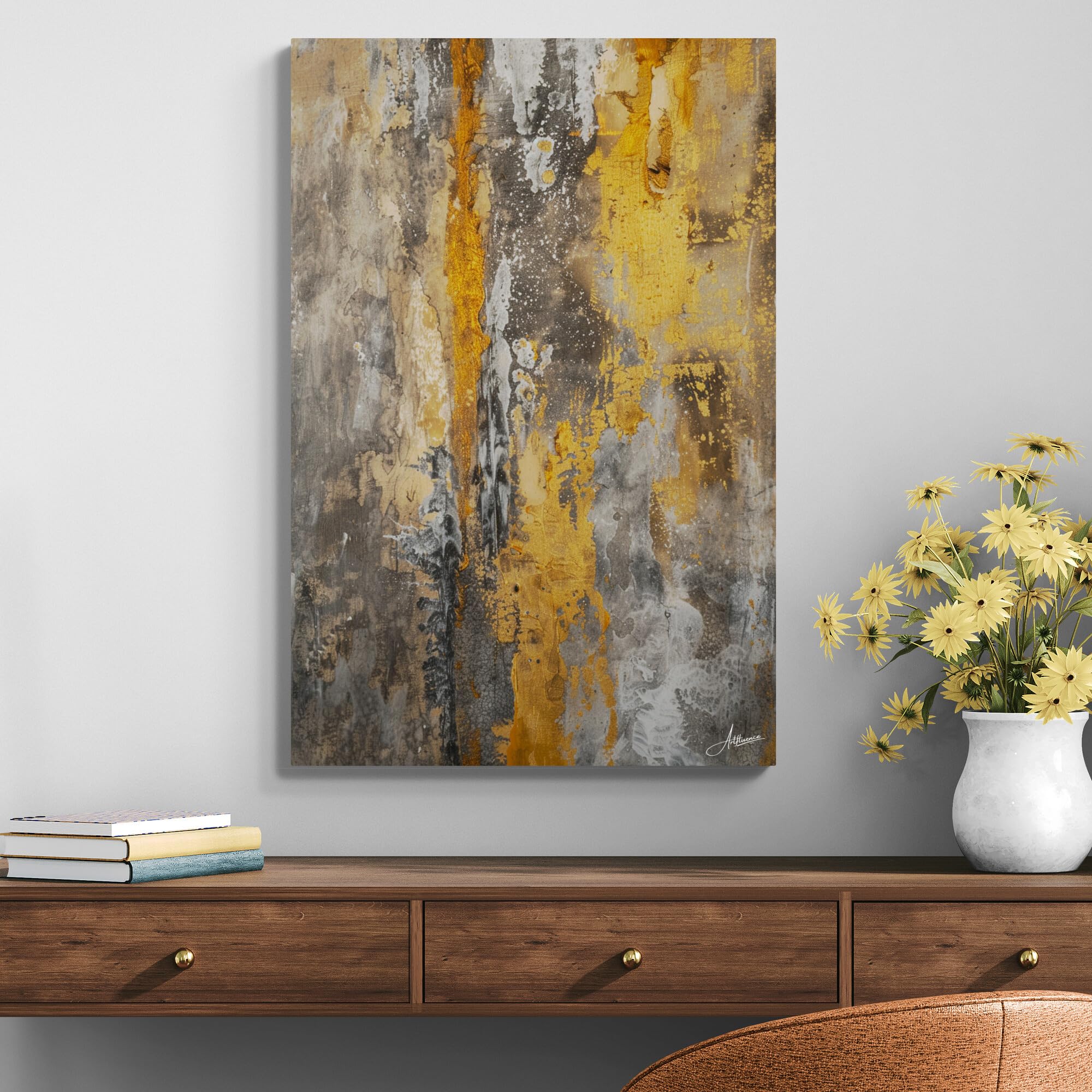 Artfluence | Gold Grey Vertical Texture Wall Art | 16in x 12in